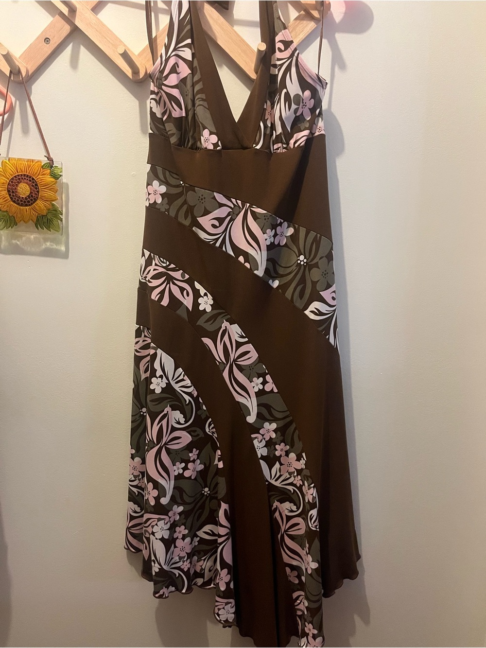 Brown and pink floral halter dress